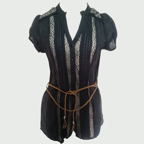 Short Sleeve Sheer Top with Brown Leather Belt - Picture 2 of 3
